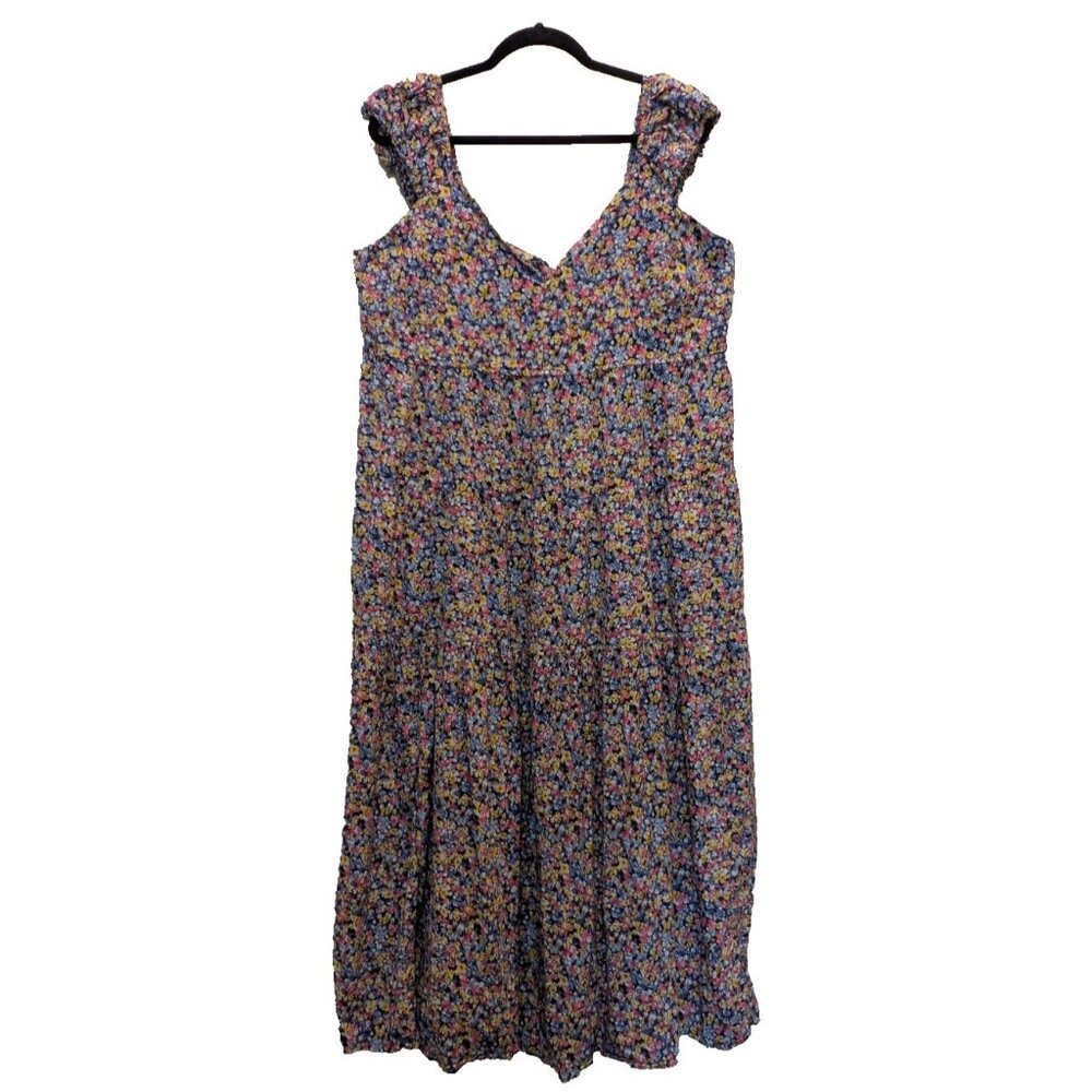 Old Navy Tiered All Day Fit &‎ Flare Maxi Dress XL Blue Multi Floral Cap Sleeve